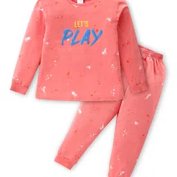 Smarty Girls Cotton Lycra Knit Full Sleeves Winter Wear Suit With Text Print - Dark Peach-picture-19