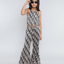 Taffykids Sleeveless Ikat Printed & Sequins Embellished Coordinating Top & Bell Bottom Pant Set - Black & Multi Colour-image-74