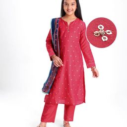 Pine Kids Woven Three Fourth Sleeves Kurta Churidar Set with Dupatta & Floral Embellisment and Lace Detailing - Red-image-3