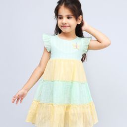 PINK MERMAID Cotton Flutter Sleeves Butterfly Applique Detailed Tiered Dress - Yellow & Green-image-19