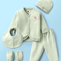 Simply Interlock Knit Full Sleeves Night Suit With Cap Bibs & Mittens - Light Green-95