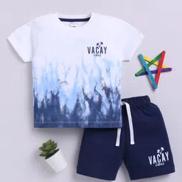 Little Ninja Pure Cotton Half Sleeves Tie Dye & Beach Theme Printed Coordinating Tee & Shorts Set - Blue & Navy Blue-picture-0
