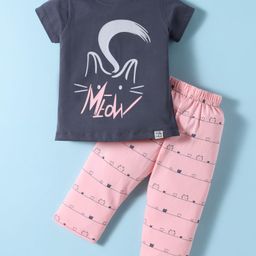 Teddy Sinker Knit Half Sleeves Night Suit With Cat Print - Charcoal Grey-image-46