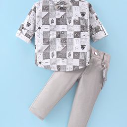 Rikidoos Full Sleeves Abstract Printed Shirt With Pant Suspender & Bow Set - White & Grey-image-46