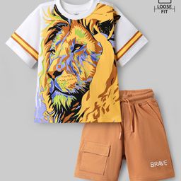 OLLINGTON ST. Cotton Knit Half Sleeves Lion Printed T-Shirt & Knit Shorts Set - Multicolor & Light Brown-image-70