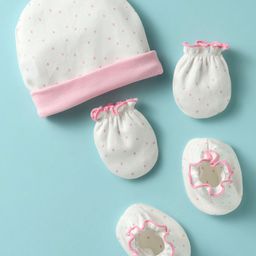 Ben Benny Interlock Knit Cap Mitten & Booties Set with Polka Dots Print White - Diameter 10 cm-11