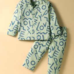 Ollypop Sinker Knit Full Sleeves Co-ords Night Suit with Abstract Print - Light Green-image-82