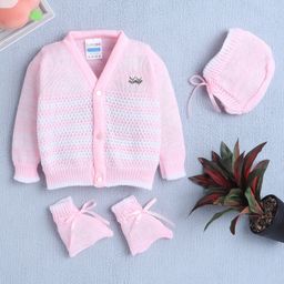 BUMZEE Full Sleeves Front Open Solid Color Sweater with Floral Embroidery Cap & Socks - Baby Pink-picture-38