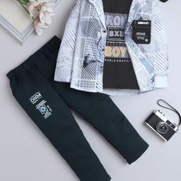 Fourfolds Cotton Blend Woven Full Sleeves Geometric & Abstract Printed Shirt & Pant With Tee Set - Navy Blue-picture-25