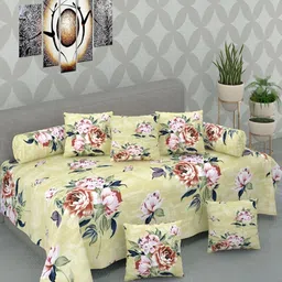 AUSIEE Set Of 8 Yellow & Pink Floral-Printed Cotton Diwan Set-5
