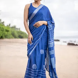 STAVA CREATION Printed Zari Pure Linen Saree-image-71