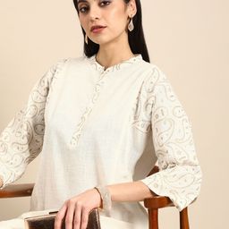 Anouk Women Paisley Placement Printed Band Collar Straight Pure Cotton Kurta & Trousers-picture-13