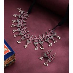 Panash Silver Plated Stone Studded & Beaded Jewellery Set-image-57