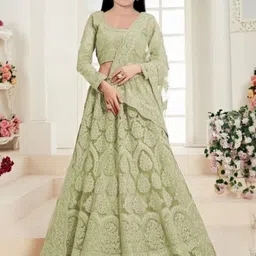 F Plus Fashion Girls Pista Green Embroidered Semi-Stitched Lehenga Choli With Dupatta-picture-35