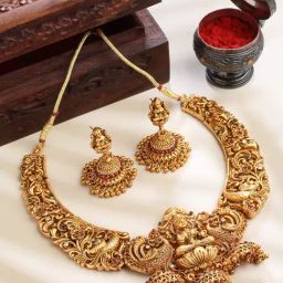 Panash Gold Plated Red & Green Stone Studded Temple Jewellery Set-12