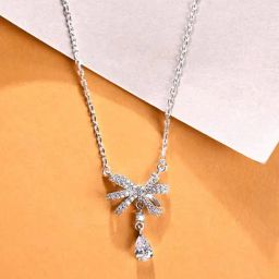 Clara 925 Silver Platinum Plated Swiss Zirconia Bow Knot Pendant Chain Necklace Gift for Women-image-3