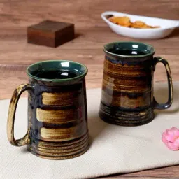 Unravel India Brown & Green Ceramic Beer Mug - Set of 2-image-73