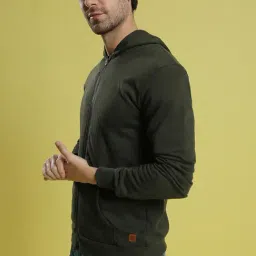 Campus Sutra Dark Green Solid Cotton Hoodie-picture-33