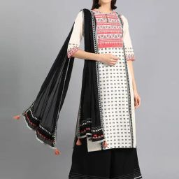 W Beige Floral Print Straight Kurta-image-73