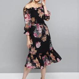 Rare Black Floral Print A-Line Dress-image-47