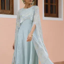 W Blue Floral Print A-Line Dress-image-50