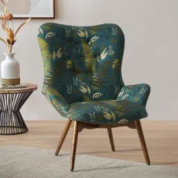 Chumbak Ferns Printed Green Sheesham Wood Mid Century Modern Wing Chair-image-28