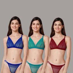 AROUSY Green & Blue Self Pattern Bra Panty Set - Pack Of 3-image-62