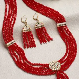 Panash Gold Plated Kundan Studded Beaded Layered jewellery Set-image-46