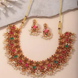 Panash Gold Plated Stones Studded & Beaded Temple Jewellery Set-image-54