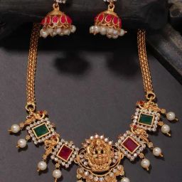 Panash Gold Plated Stone Studded & Beaded Temple Necklace & Earrings Set-38