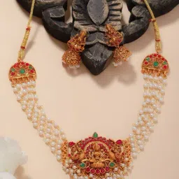 Panash Gold Plated Stones Studded & Beaded Necklace & Earrings Set-image-53