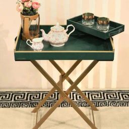 Casagold Bottle Green Pu Leather Foldable Tray Table With Metal Stand & Small Tray-45