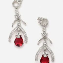 Zeneme Rhodium Plated Red AD Studded Teardrop & Quirky Drop Earrings image 4