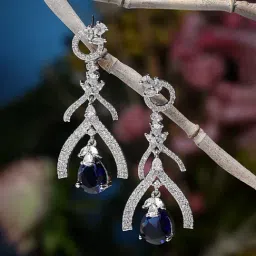 Zeneme Rhodium Plated Blue AD Studded Teardrop & Quirky Drop Earrings-image-31