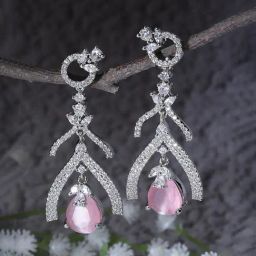 Zeneme Rhodium Plated Pink AD Studded Teardrop & Quirky Drop Earrings-11