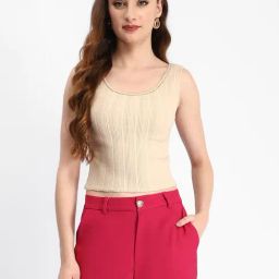 MADAME Beige Embellished Crop Top-image-41