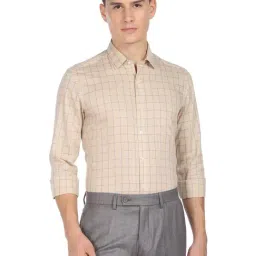 Arrow Mid Beige Cotton Slim Fit Checks Shirt-picture-49