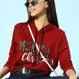 KASSUALLY Maroon Cotton Graphic Print Crop Hoodie-image-42