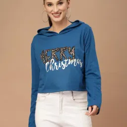 KASSUALLY Blue Cotton Graphic Print Crop Hoodie-image-89