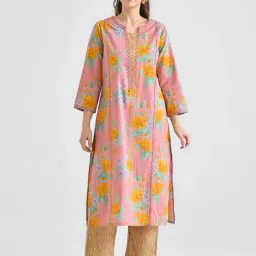 Rustorange Dusty Pink Floral Print A Line Kurta-image-82