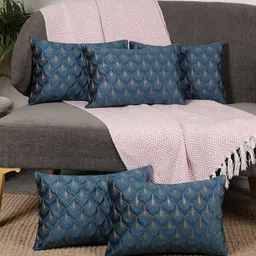 TANLOOMS Blue & Gold 5 Pieces Floral Printed Velvet Rectangle Cushion Covers-picture-48