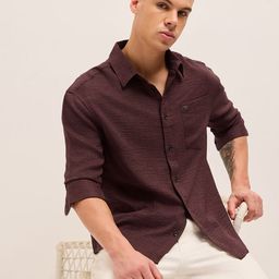 THE BEAR HOUSE Men Textured Spread Collar Casual Cotton Shirt-picture-46