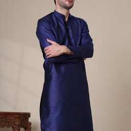 ADHIRAJAN Men Navy Blue Cotton Silk Kurtas-image-22