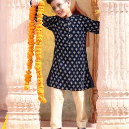 Babyhug Full Sleeves Embroidered Kurta and Pyjama Set - Navy & Cream-image-34