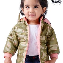 Babyoye Woven Quilted Full Sleeves Hooded Jacket Solid Print - Green & Blue-image-65