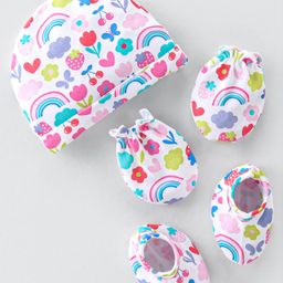 Babyhug 100% Cotton Knit Cap Mittens & Booties  Rainbow Print- White-image-92