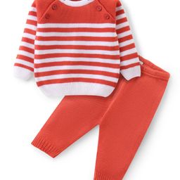 Babyhug Knitted Raglan Sleeves Striped Sweater Set - White & Rust-image-37