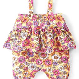 Babyhug 100% Cotton Knit Singlet Sleeves Floral Printed Frill Romper - Multicolour-image-6