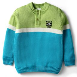 Babyhug Knit Full Sleeves Pullover Sweater with Color Blocks - Light Green & Blue-image-50