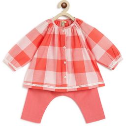 Tiber Taber Full Sleeves Checked Jhabla With Solid Leggings Set - Red-picture-38